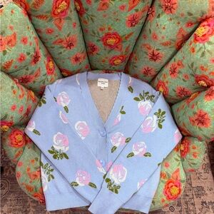 Floral Blue Cardigan with Pink Accents
